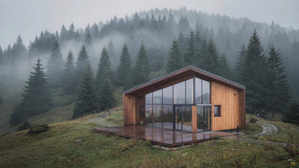 Timber guest lodge on a forested Carpathian slope in early morning mist