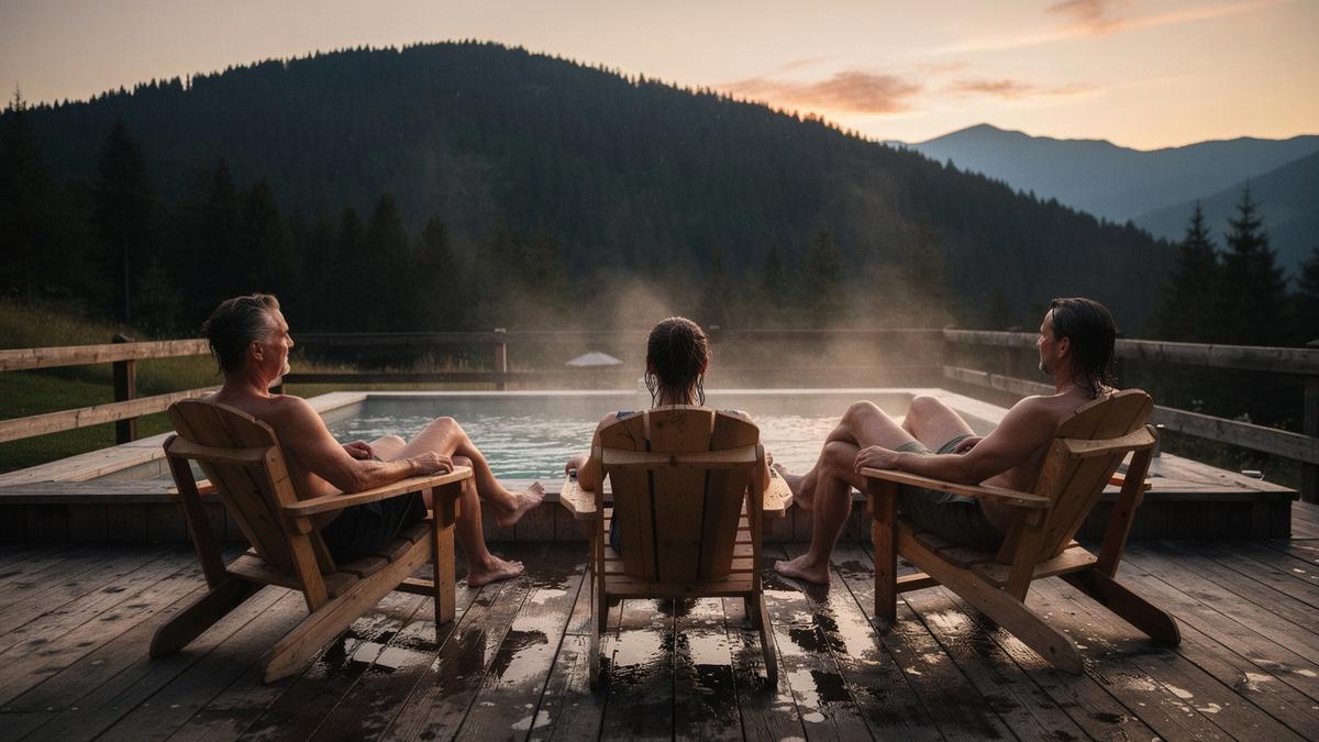 Guests resting on the wooden terrace of a Carpathian guesthouse at dusk