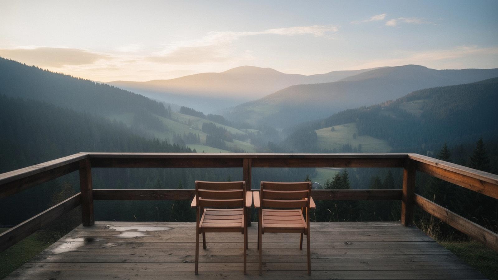 Timber guest house terrace overlooking a pine-covered Carpathian valley near Yasinia at sunrise