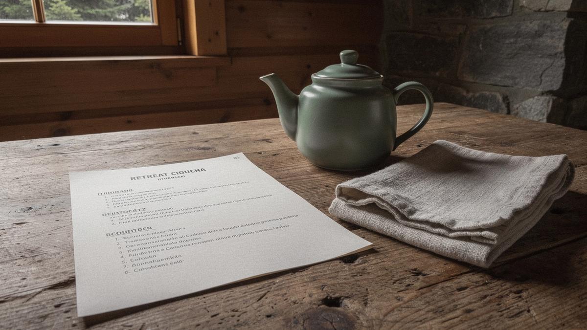 Printed retreat itinerary, teapot and linen cloth on a wooden table in a Carpathian guesthouse
