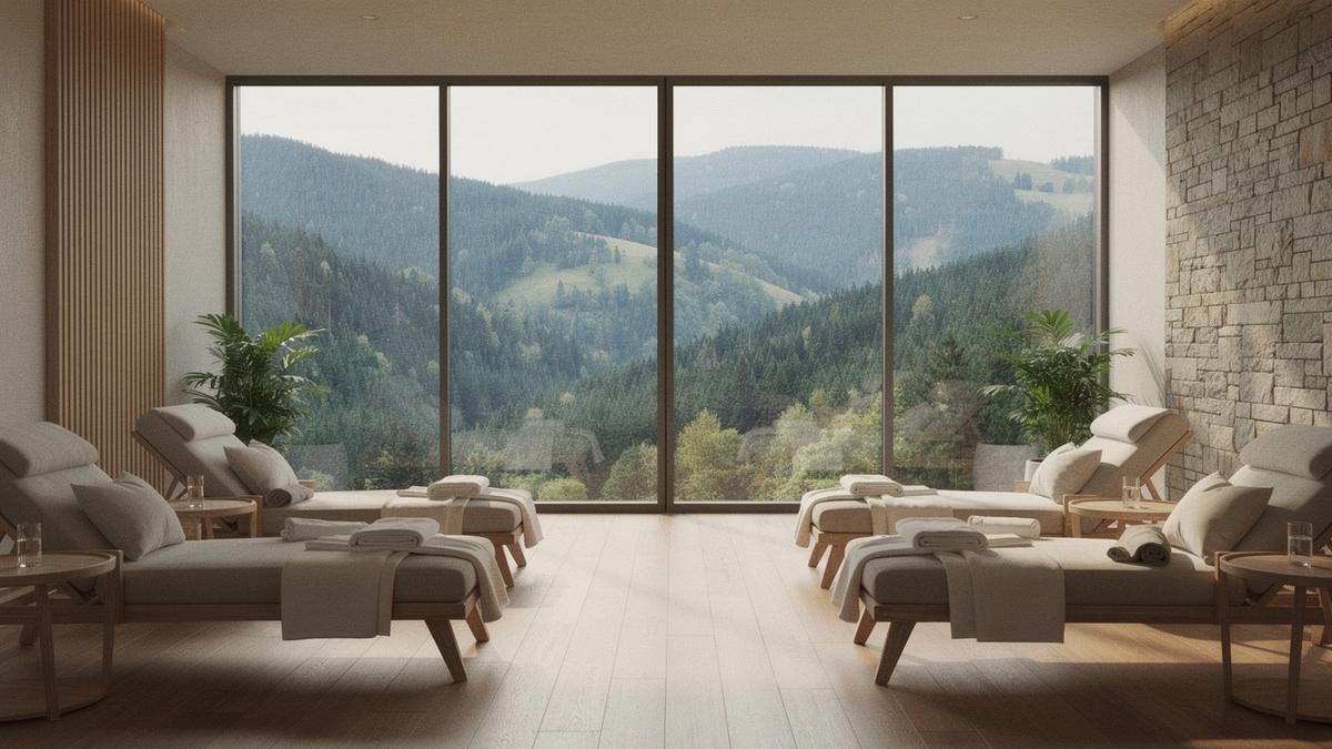 Quiet spa lounge with mountain light