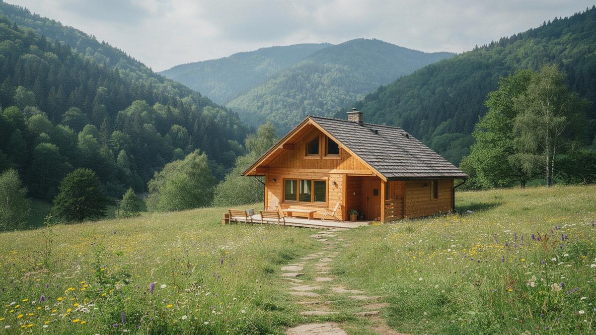 Wooden spa chalet in a green Carpathian mountain valley