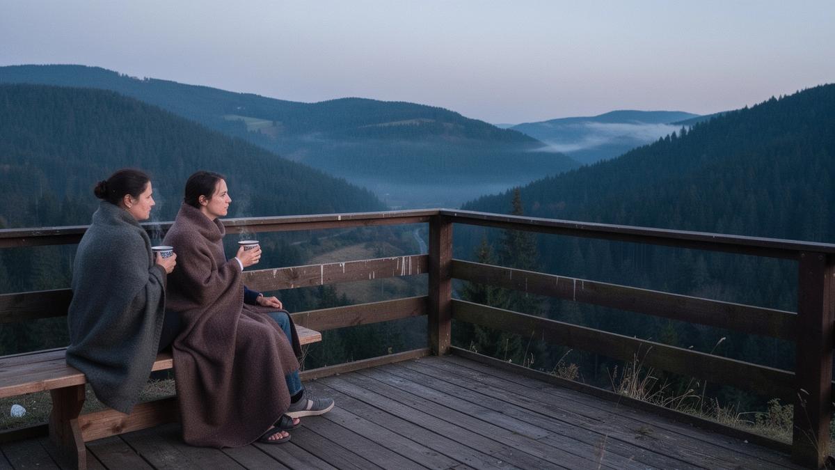 Guests resting on a wooden terrace above a forested Carpathian valley at dusk