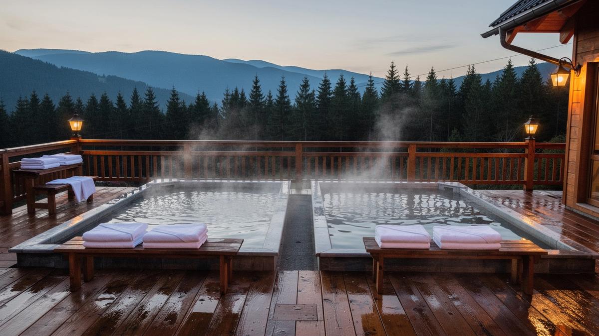 Wooden terrace above a Carpathian valley with mineral water pools and pine forest at dusk