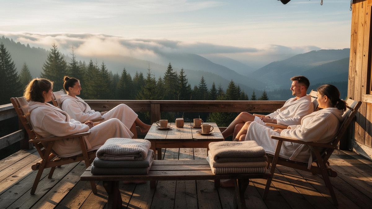 Guests resting on a wooden terrace above a Carpathian valley after a morning walk